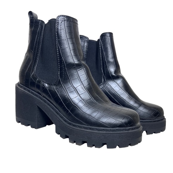 Boohoo Wide Fit Chunky Heeled Black Crocodile Chelsea Boots Size 8 Punk Goth Emo - Picture 4 of 8